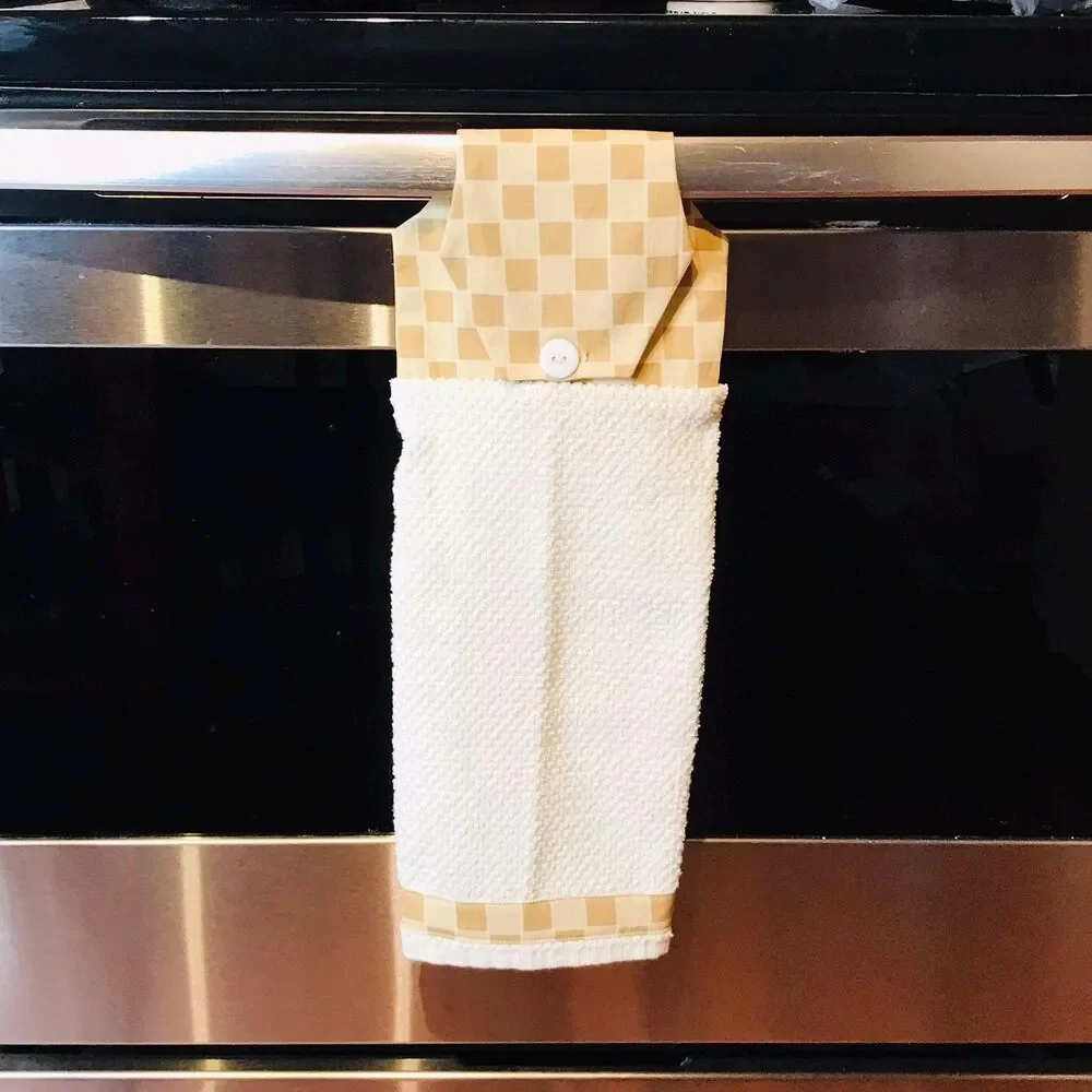 Hanging Kitchen Towel: Neutral Checkers Tan Beige Topper, Button Closure